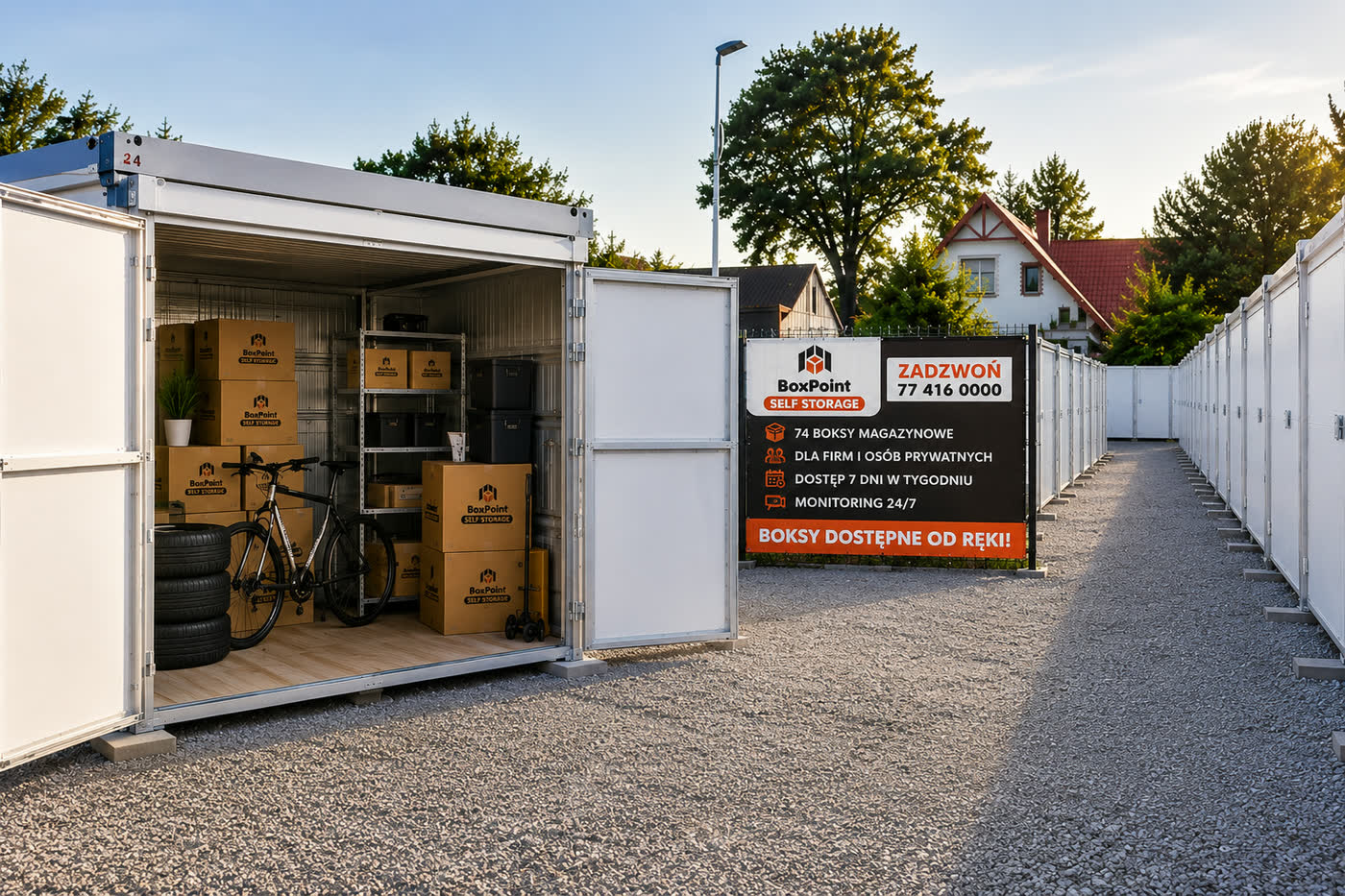 BoxPoint Self Storage pod Brzegiem — otwarty boks magazynowy z zapakowanymi rzeczami (kartony, rower) na utwardzonym, monitorowanym placu; dojazd autem pod boks.