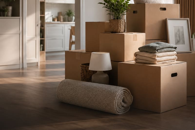Kartony BoxPoint w salonie podczas przeprowadzki — boks magazynowy dla domu